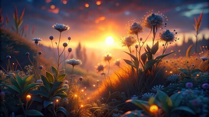 Poster - Wild plants illuminated by the soft twinkling light of the evening sun , nature, beauty, flora, outdoor, environment, serene, peaceful, tranquil, botanical, growth, vibrant, colorful, foliage