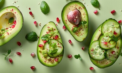 Poster - Avocado and cucumber salad boats on a light green background