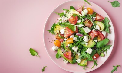 Wall Mural - Avocado and goat cheese salad on a pastel pink plate
