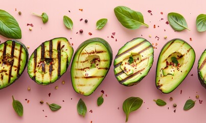 Avocado and grilled zucchini roll-ups on a light pink background
