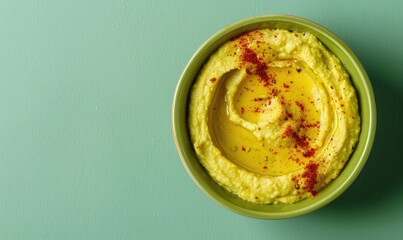 Wall Mural - Avocado and hummus dip on a light green background
