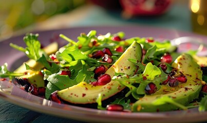 Avocado and pomegranate salad on a pastel purple plate