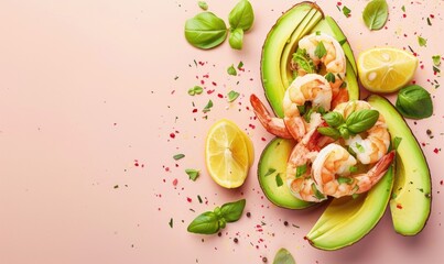 Poster - Avocado and shrimp cocktail on a light pink background