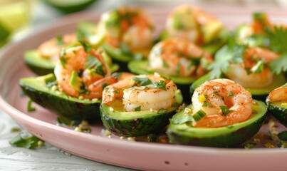 Canvas Print - Avocado and shrimp salad bites on a pastel pink plate