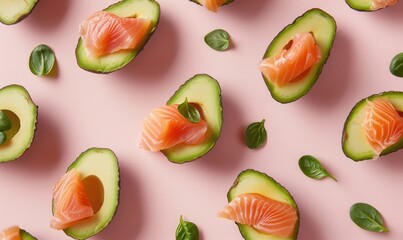 Wall Mural - Avocado and smoked salmon bites on a light pink background