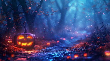 Wall Mural - An enchanting scene of Jack-o'-lanterns glowing, lining a misty forest path under a mystical night sky, evoking feelings of wonder, mystery, and Halloween enchantment.