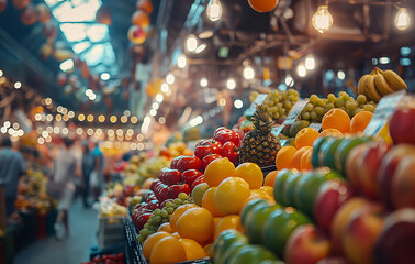 Wall Mural - Vibrant Fruit Display at a Busy Farmers Market with Fresh Produce and Warm Lighting Creating a Lively Atmosphere