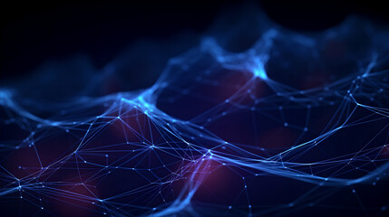 Abstract digital landscape of interconnected nodes and lines forming a network, glowing in a blue and purple gradient. Concept of technology, data, and connectivity.
