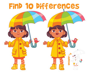 Wall Mural - Find 10 differences in the picture. Autumn Girl. Educational game for kids. Attention task. Funny cartoon character. Worksheet page. Vector illustration. Isolated on white background