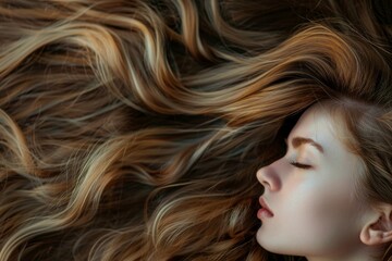 Woman with closed eyes and long blond hair.