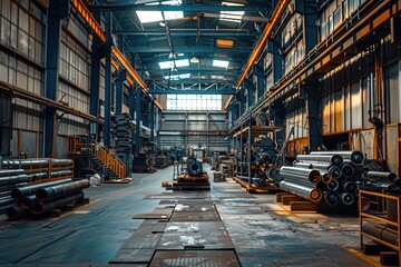 Interior view of a modern industrial warehouse with stacks of metal pipes and organized equipment, illustrating manufacturing and storage facilities.