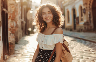 Wall Mural - A beautiful young woman in a stylish skirt and white top is smiling while holding a round wooden bag, walking down the street of an old European city