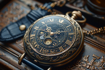 Sticker - An antique pocket watch with delicate engravings, symbolizing the passage of time. Concept of history and craftsmanship. Generative Ai.