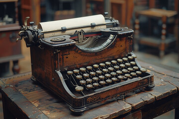 Fototapete - A vintage typewriter with a half-written manuscript, symbolizing storytelling. Concept of writing and creativity. Generative Ai.