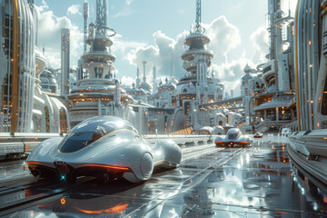 Aufkleber - A futuristic city with hover cars and towering glass buildings. Concept of urban development and technology. Generative Ai.