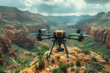 Poster - a high-tech drone capturing aerial footage of a sprawling landscape. concept of innovation and persp