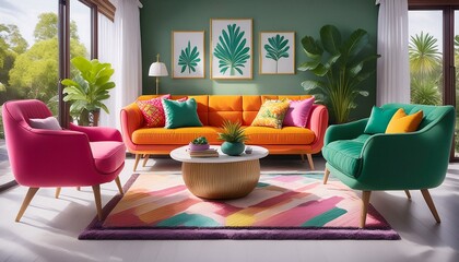 Wall Mural - interior design of modern living room with colorful upholstered mid-century furniture; sofa, painting, chair, ottoman, pillows, table