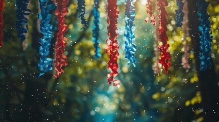 Red, white, and blue streamers hanging from trees, Independence Day, festive decor
