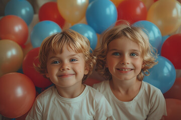 Wall Mural - Children playing with colorful balloons at a birthday party, full of laughter. Concept of celebration and childhood. Generative Ai.