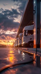 Electric trucks parked at charging station at sunset, reflecting on wet pavement, showcasing sustainable transportation and futuristic technology.