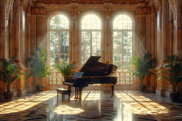 Canvas Print - A grand piano in a sunlit room, ready for a classical music session. Concept of musical tradition and elegance. Generative Ai.