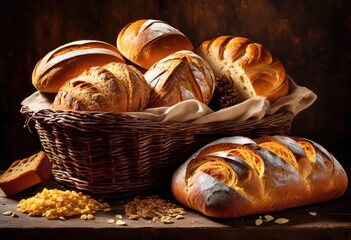 Wall Mural - fresh bread loaves woven bakery harvest display organic baked goods, basket, food, rustic, homemade, artisan, traditional, natural, crusty, golden, assortment,