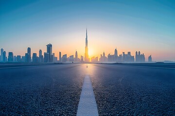 Wall Mural - Close-up shot of the ground showing the horizon with an endless highway and a clear sky at sunset with flat land and big buildings and cities visible in the distance