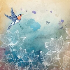 Wall Mural - background with flowers and bird