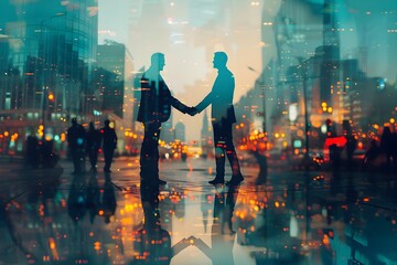 Silhouette of two businessmen shaking hands for cooperation, harmony and conclusion of contractual relationship with city background with many buildings
