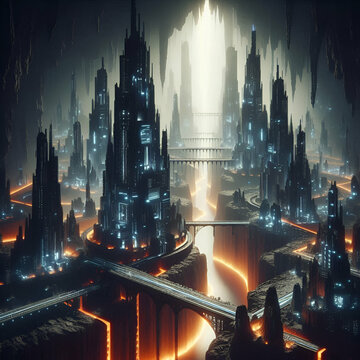 Eerie Dark Underworld Forces Architecture Landscape with Volcano Fires Ablaze and Bridges in & out of the City. Summoning Devastated Evil & Demons Beyond the Grave. Hell's Fearsome Gates. Warlock Home