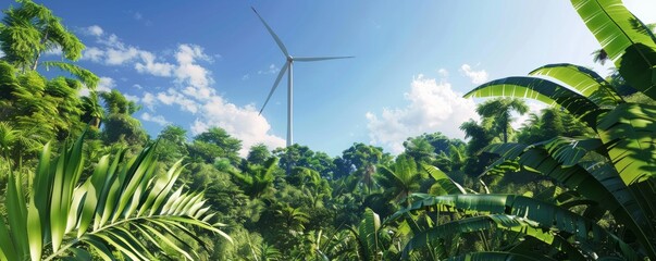 Wall Mural - Wind turbine in lush green tropical rainforest under a clear blue sky, renewable energy and sustainability concept