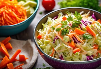 creamy coleslaw bowl fresh crunchy vegetables sauerkraut, cabbage, carrots, mayonnaise, salad, healthy, colorful, appetizing, delicious, food, vegetarian