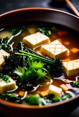 Wall Mural - steamy miso soup bowl tofu japanese cuisine concept, seaweed, food, traditional, hot, delicious, healthy, vegetarian, meal, lunch, dinner, appetizer, asian