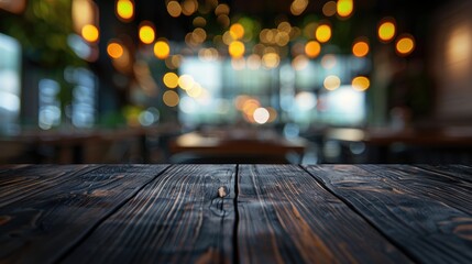 Canvas Print - Dark wooden table against blurred background in a restaurant
