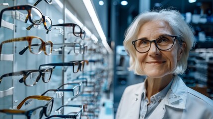 Elderly healthcare optometry checklist at eyewear clinic for eye care quality control of glasses stock inventory.