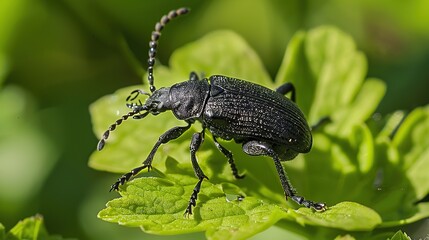 Canvas Print - Black Beetle on a Green Leaf