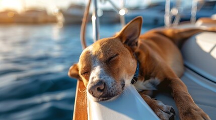 Wall Mural - Sleeping Dog on a Boat at Sunset