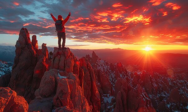 Tourist Celebrating on High Rocks at Red Sunset
