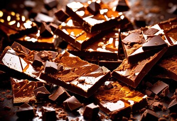 cracked chocolate bars shattered into sweet confectionery dessert ingredients, cocoa, candy, snack, treat, gourmet, delicious, tasty, baking, recipe