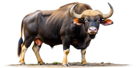 A Large, Brown Gaur, Or Indian Bison, Stands On A Grassy Hill Against A White Background.