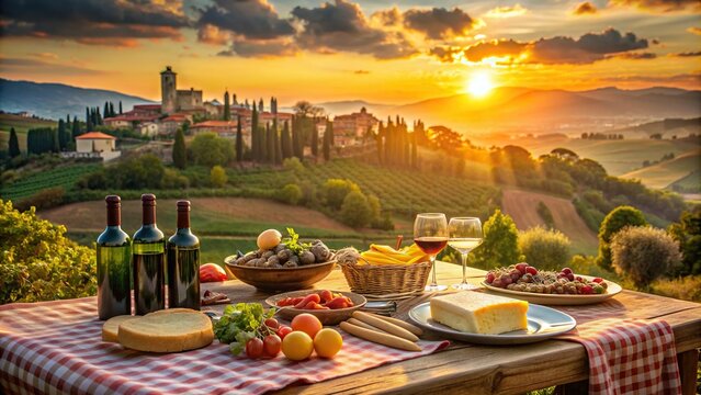 Italian feast spread out in front of a Tuscan village at sunset, Italian, feast, Tuscan, village, backdrop, golden light, sunset