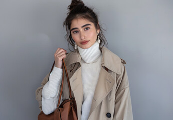 Wall Mural - a beautiful woman wearing a beige turtleneck and white jeans. She is holding her bag in one hand