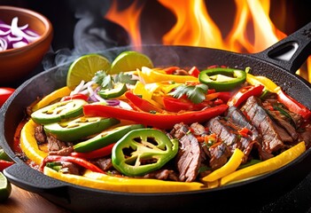 Wall Mural - sizzling fajitas rising steam hot mexican cuisine food, sizzle, plate, meat, vegetables, peppers, onions, seared, aromatic, traditional, skillet, cast, iron