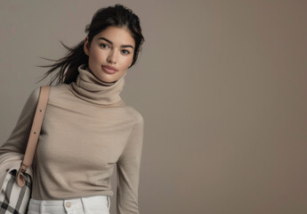 Wall Mural - a beautiful woman wearing a beige turtleneck and white jeans. She is holding her bag in one hand