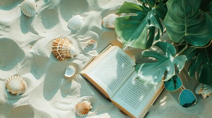 Poster - Art meets nature with a display of seashells, a hat, and sunglasses on the beach. The glass, pattern, and fashion accessory create a picturesque event AIG50