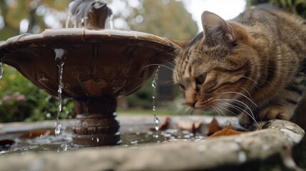 Wall Mural - Cat from Scotland drinking from a fountain