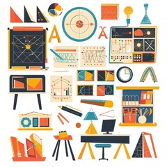 Wall Mural - Classroom with geometry charts, school element, flat design, vibrant colors, isolated on white background 