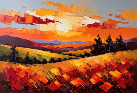 vibrant sunset painting scenic rolling hills landscape warm colors, nature, sky, clouds, dusk, countryside, peaceful, beauty, outdoors, rural, meadows, horizon,