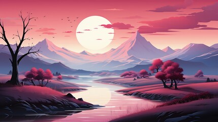 A tranquil mountain range during sunset, with vibrant hues of orange and pink reflecting off the snow-capped peaks and casting a warm glow over the landscape. Illustration, Minimalism,