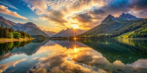 Wall Mural - Sunset over calm mountain lake in Austria with mirror-like reflection, sunset, mountain, lake, Austria, reflection, calm